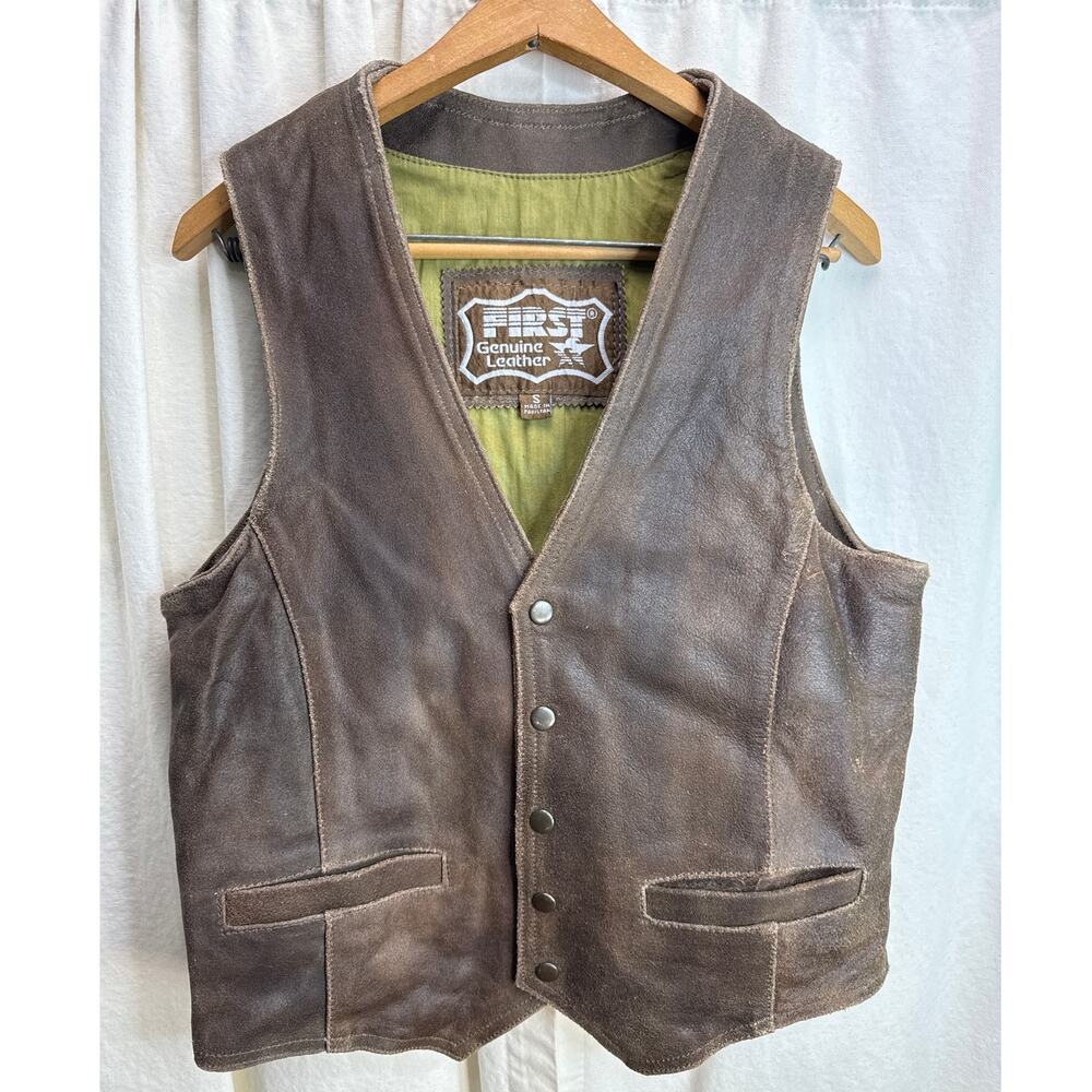 First Brand Genuine Leather Vintage Brown Western Rugged BOHO-Chic Vest Small